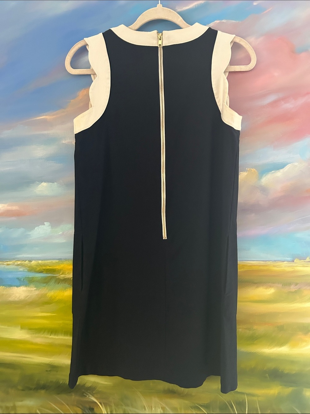 Sara Campbell Navy Dress with White Scalloped Trim